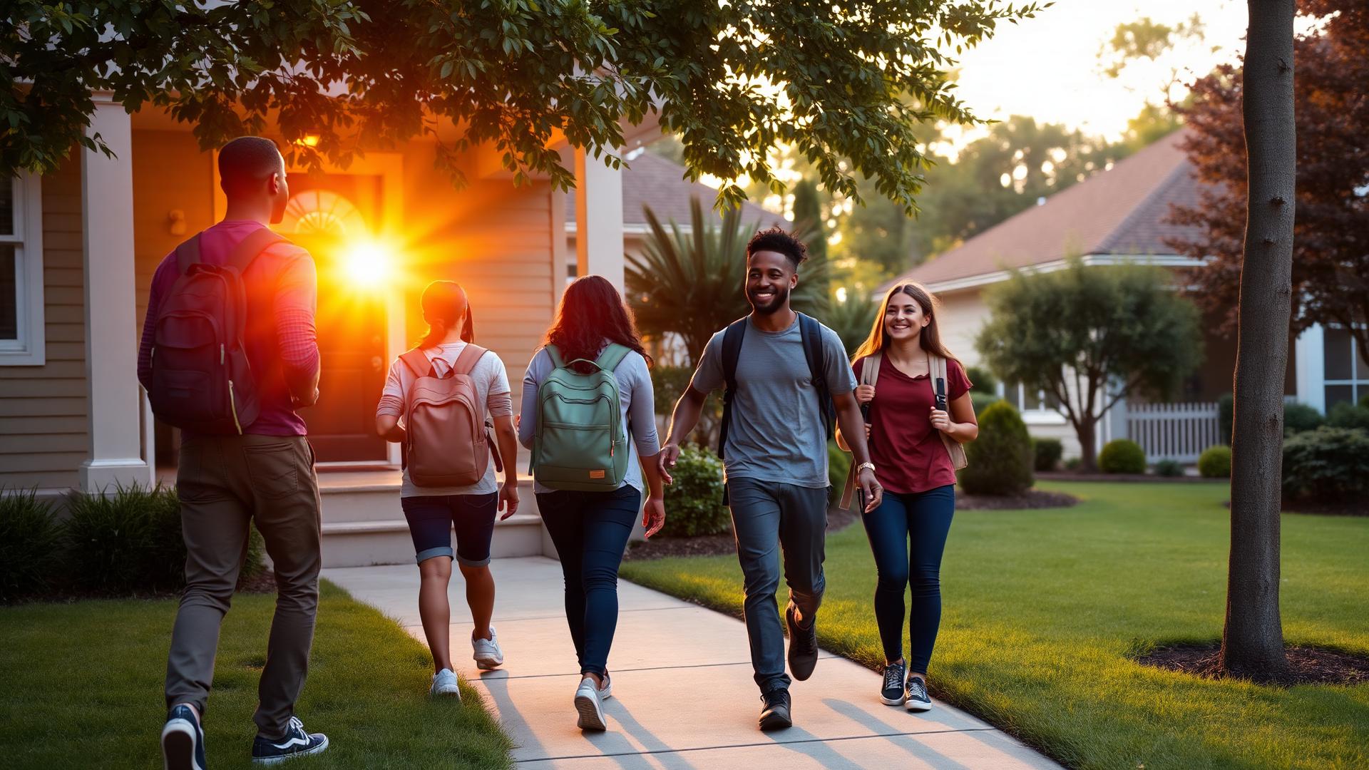Young adults walking toward a welcoming home with a mentor